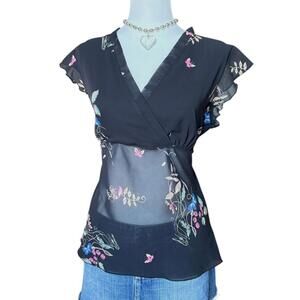 2000s black floral top with tie back and ruffle sleeves